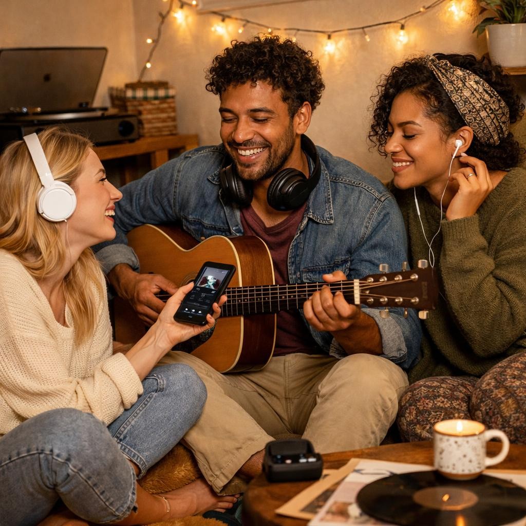 Three friends enjoying music with guitar and headphones indoors