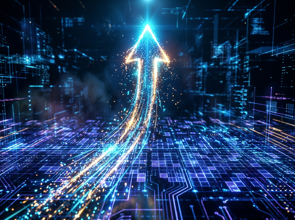 Glowing upward arrow formed by light trails over a digital grid background