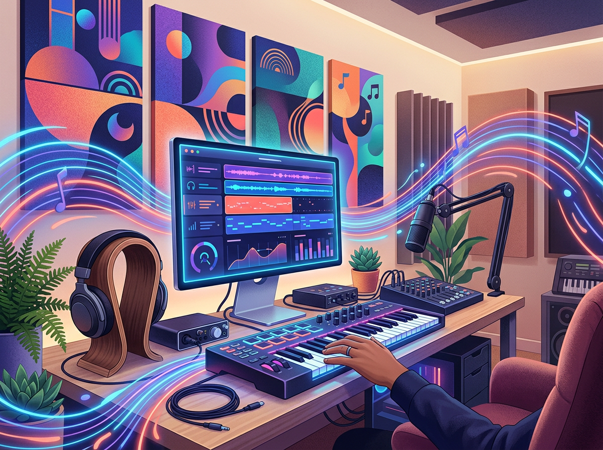Musician using a MIDI keyboard in a colorful home recording studio